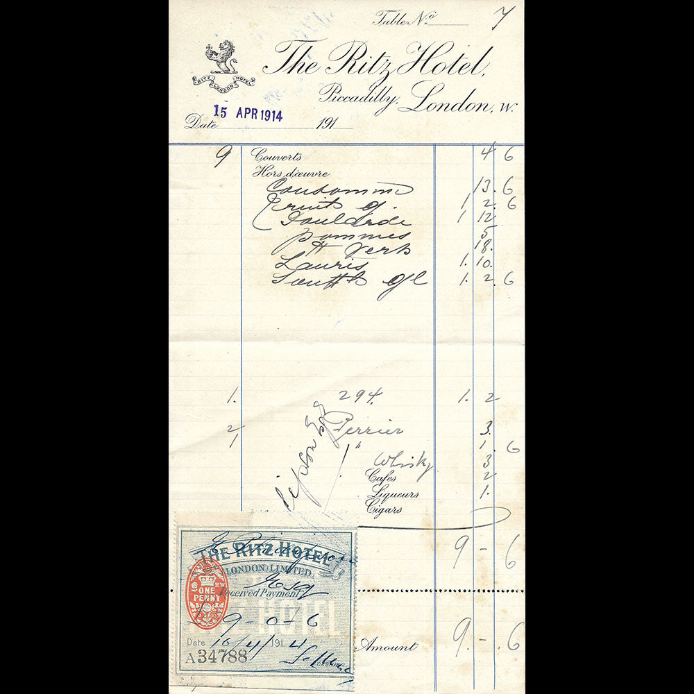 Ritz London - Facture de l'hotel, Piccadilly W. London (1914)