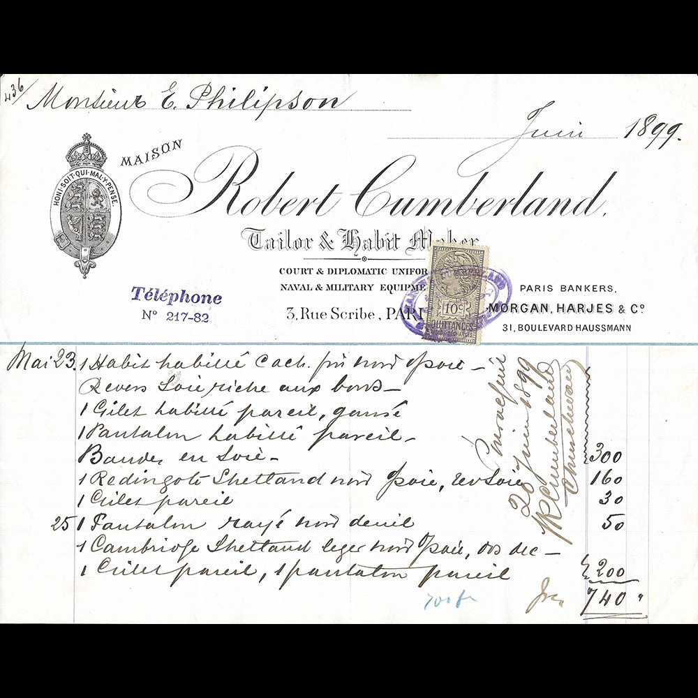 Cumberland - Facture du tailleur, 3 rue Scribe à Paris (1899)