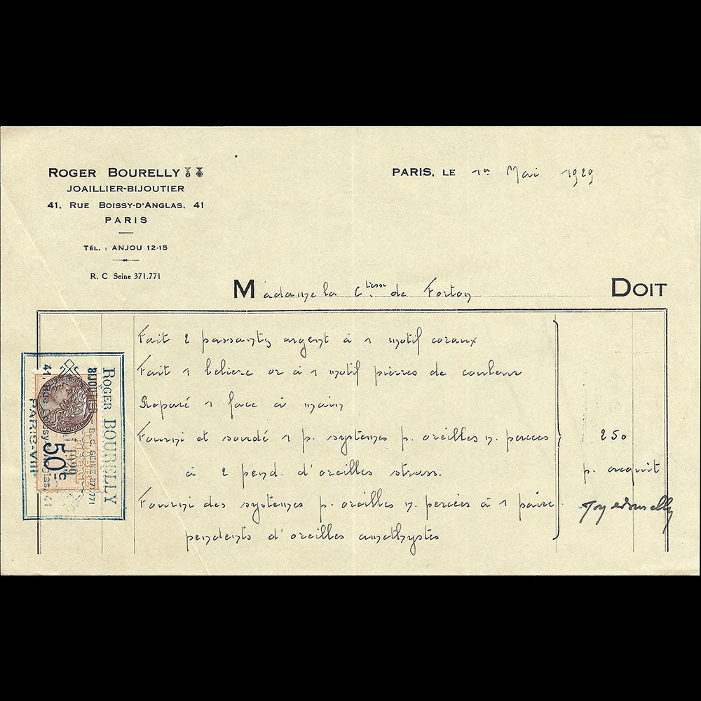Roger Bourely - Facture du joaillier-bijoutier, 41 rue Boissy d'Anglas à Paris (1929)