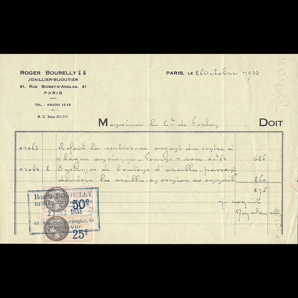 Roger Bourely - Facture du joaillier-bijoutier, 41 rue Boissy d'Anglas à Paris (1933)