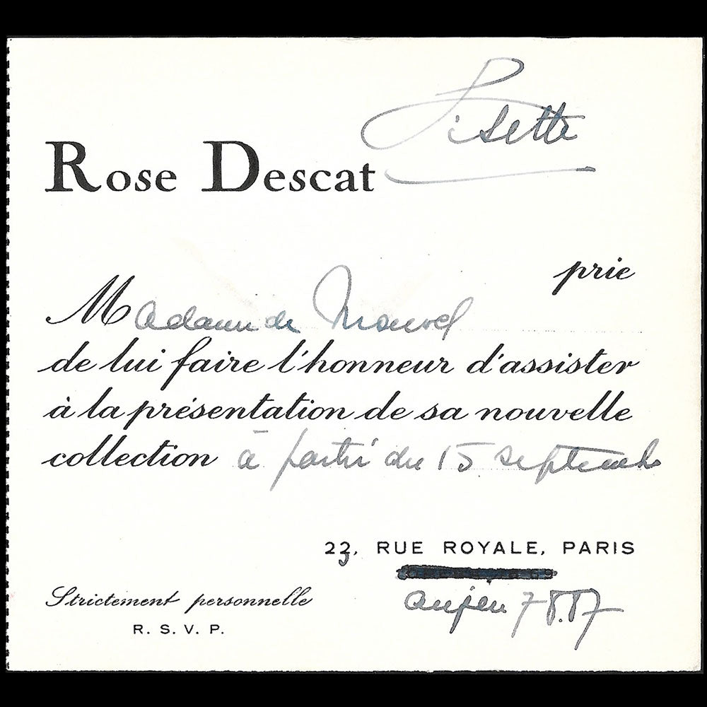 Rose Descat - Carte de la maison de chapeaux, 23 rue royale à Paris (1950s)