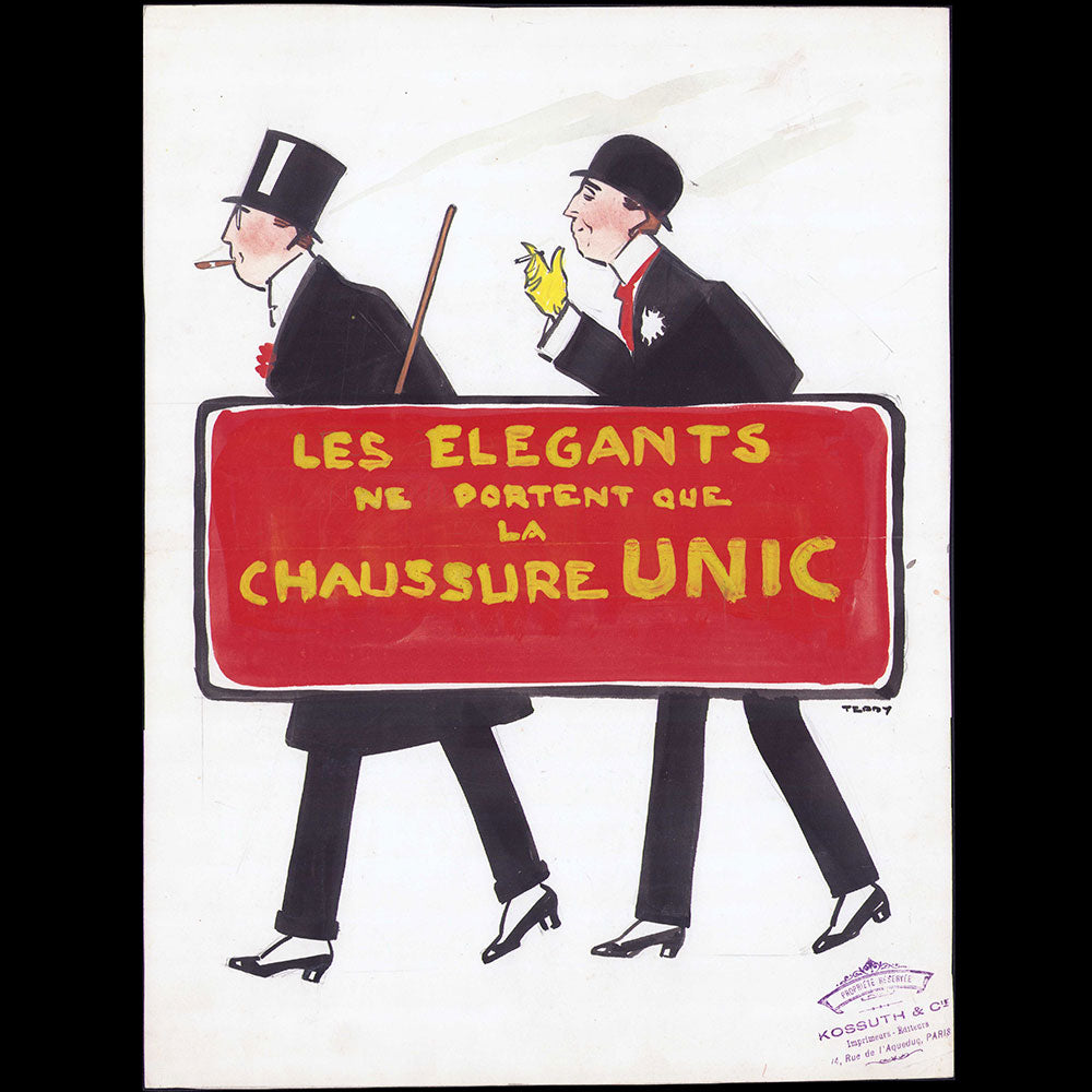 Chaussures Unic - Les Elégants ne portent que la chaussure Unic, projet de publicité, dessin d'Edouard Saunier (1910s)