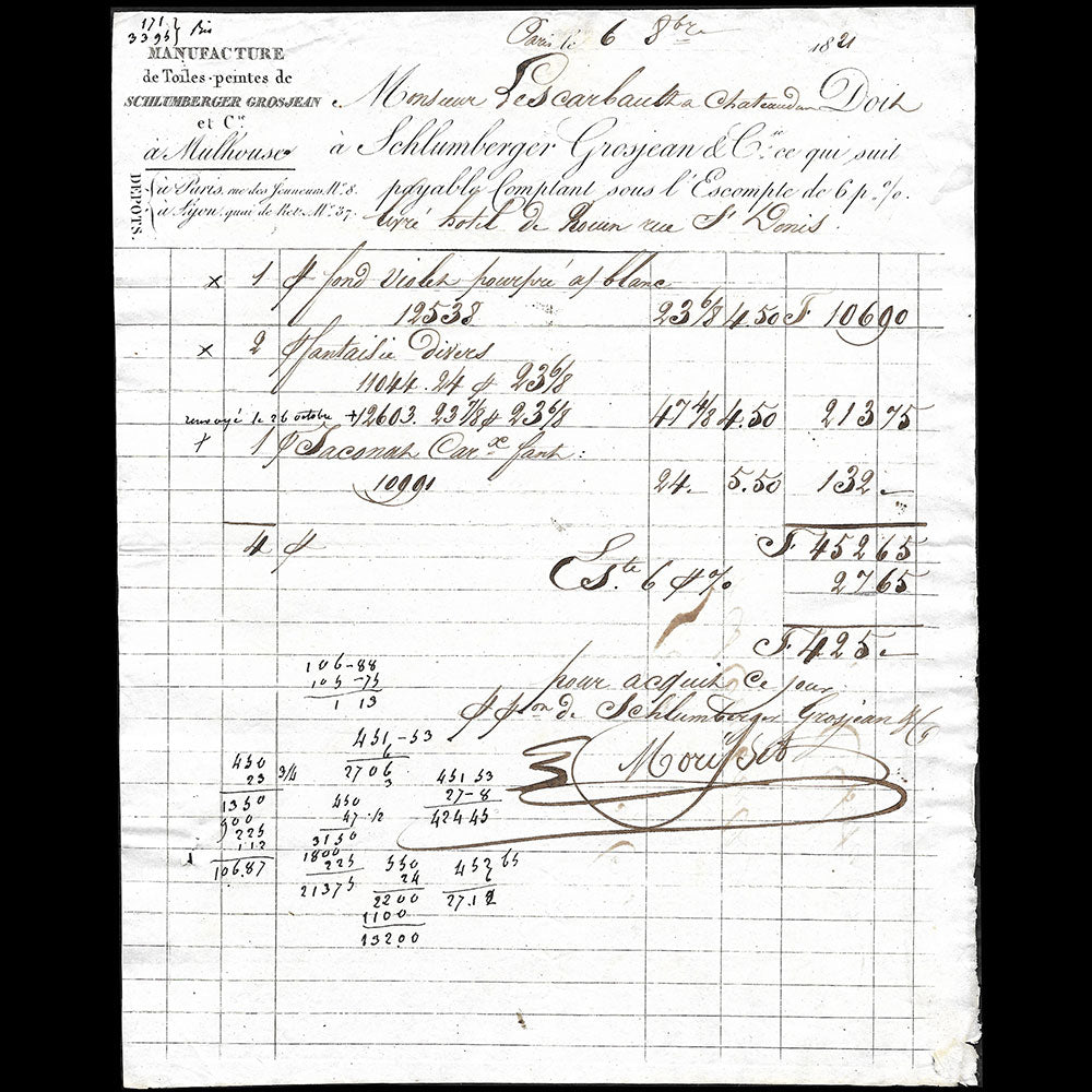 Schlumberger Grosjean et Cie - Facture du magasin de toiles peintes, 8 rue des Jeuneurs à Paris (1821)