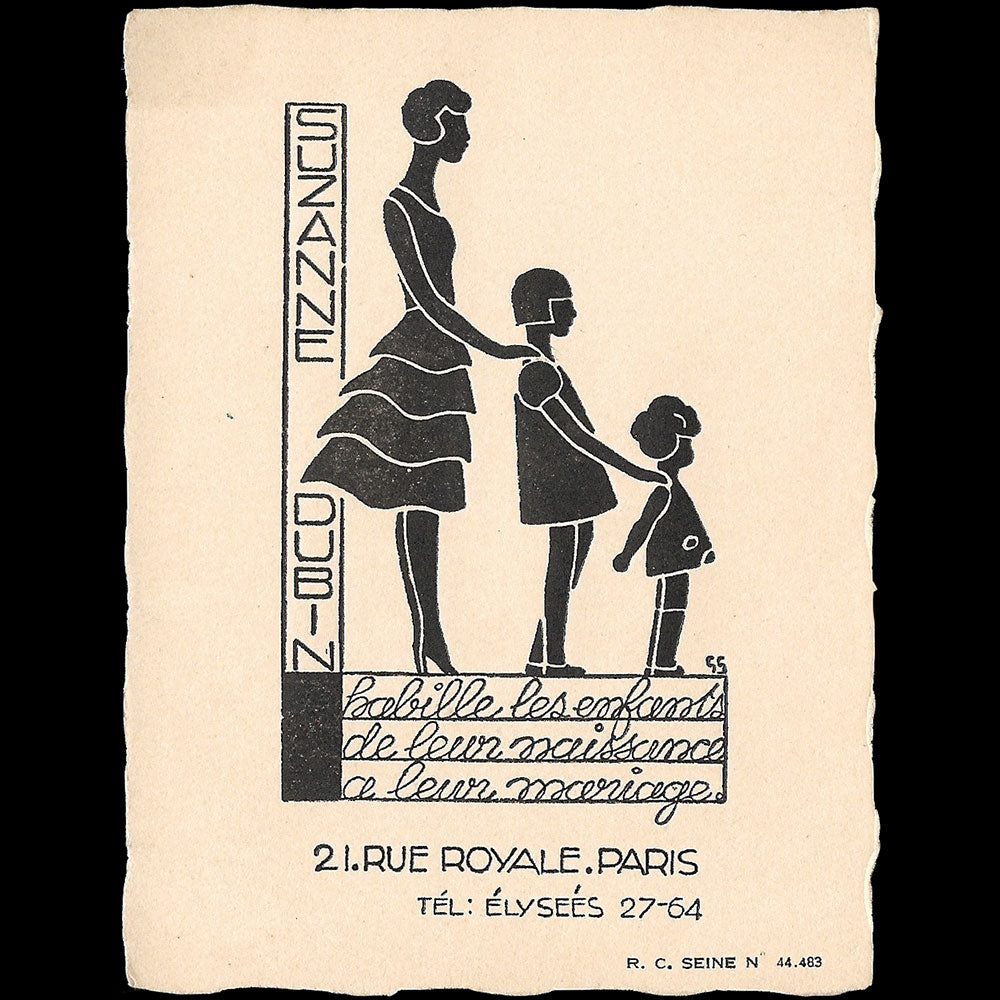 Suzanne Dubin - Carte de la maison de vêtements pour enfants, 21 rue Royale à Paris (1920s)