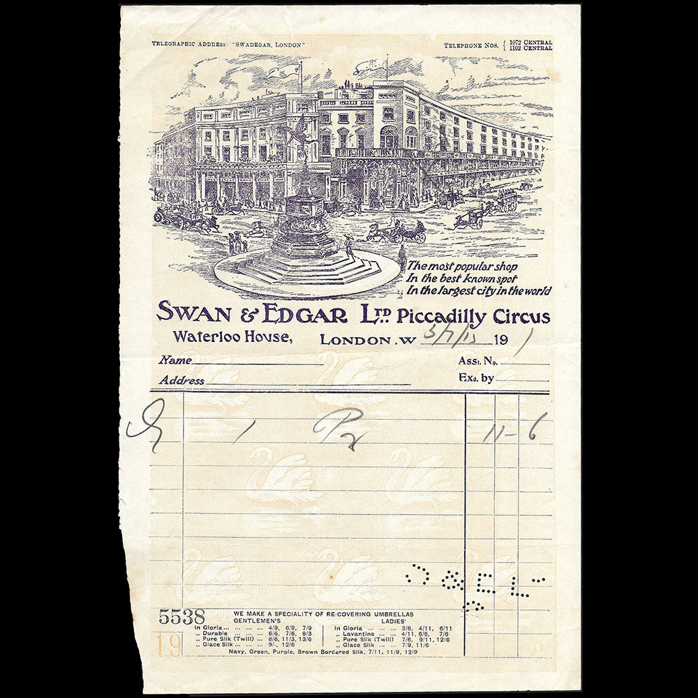 Swan & Edgar - Facture du grand magasin, Piccadilly, London (1900s)