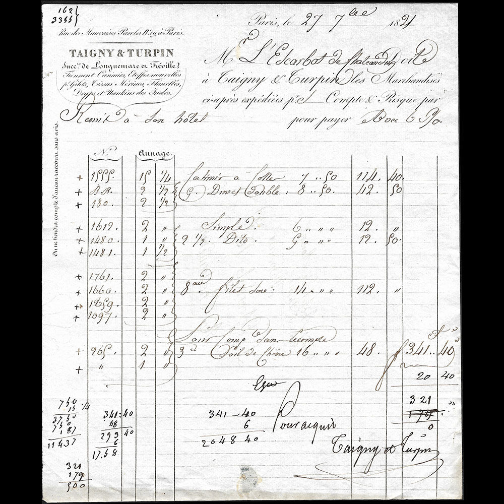 Taigny & Turpin - Facture du magasin de tissus, 19 rue des Mauvaises Paroles à Paris (1821)