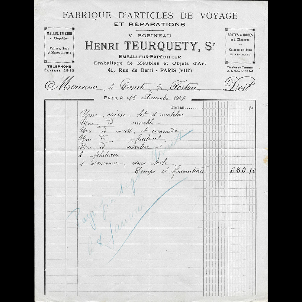 Henri Teurquety - Facture du fabricant d'articles de voyage, 41 rue de Berri à Paris (1926)