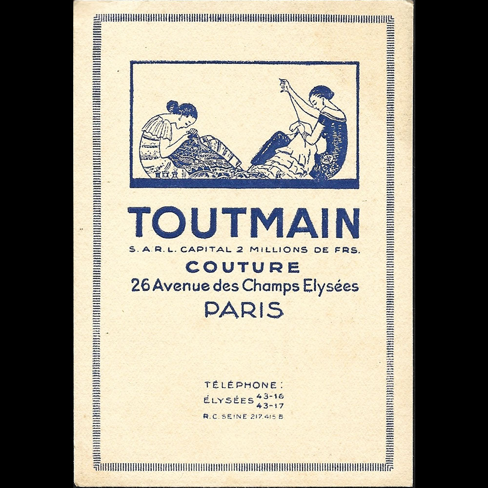 Toutmain Couture - Carte de la maison de couture, 26 avenue des Champs-Elysées à Paris (1920s)