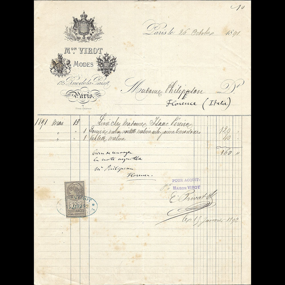 Virot - Facture de la maison de modes, 12 rue de la Paix à Paris (1891)