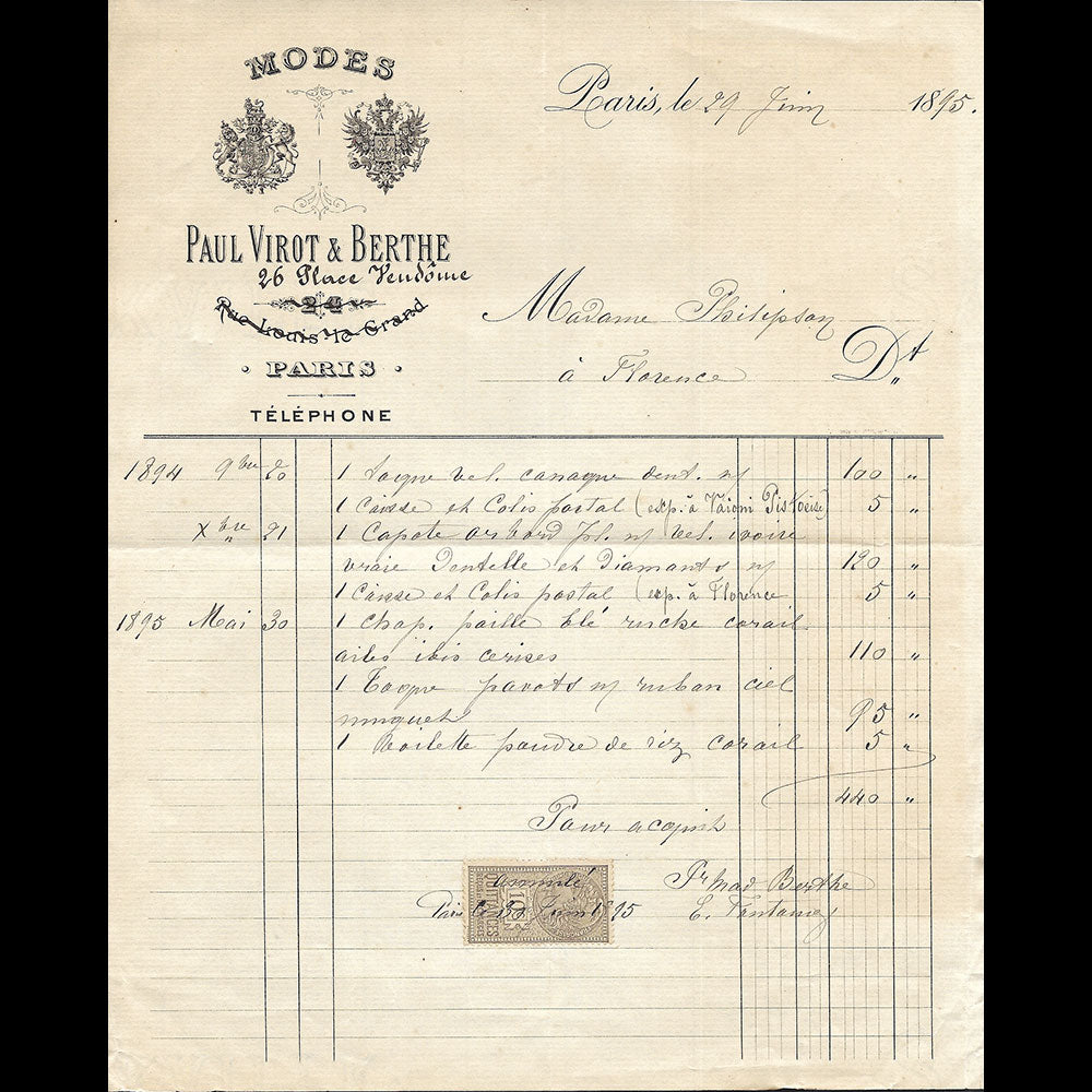 Paul Virot et Berthe - Facture de la maison de modes, 26 place Vendôme à Paris (1895)