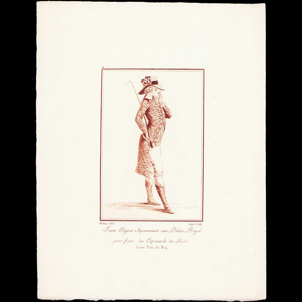 Watteau - Cris et Costumes de Paris, Jeune Elegant se promenant aux Palais Royal pour fixer les Caprices de sa Soirée (1786), copie postérieure du XXème