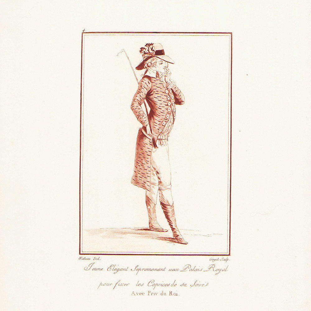 Watteau - Cris et Costumes de Paris, Jeune Elegant se promenant aux Palais Royal pour fixer les Caprices de sa Soirée (1786), copie postérieure du XXème
