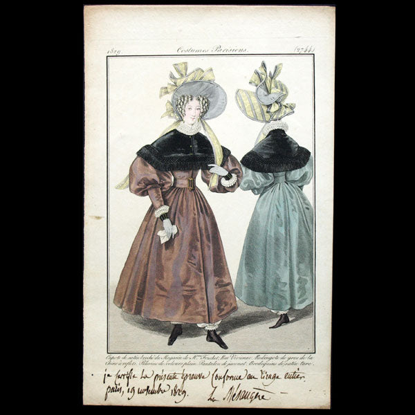 Costume Parisien, Journal des dames et des modes, épreuve de la planche 2744 annotée par la Mésangère (19 novembre 1829)