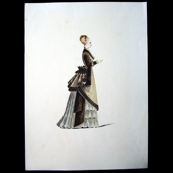 Projets de robes, ensemble de 3 dessins à l'aquarelle d'un dessinateur en costumes et robes (circa 1870)