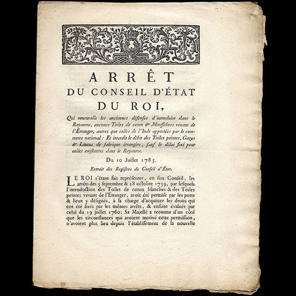 Arrêt du Conseil d'Etat sur l'interdiction des toiles de coton et des mousselines provenant de l'étranger (1785)