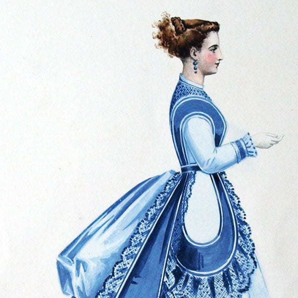 Projets de robes, ensemble de 7 dessins à l'aquarelle d'un dessinateur en costumes et robes (circa 1860-1870)