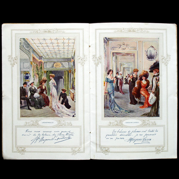 Les Maîtres de la Mode (Paquin, Beer, Worth, etc.), illustrations de Toussaint pour la baleine de plumes Weeks (1908)