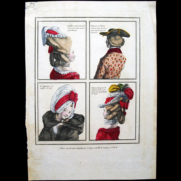 Gallerie des Modes et Costumes Français, 1778-1787, gravure n° D 21, Coeffure a trois boucles en arriere (1778)