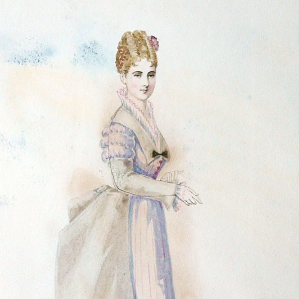 Projets de robes, ensemble de 2 dessins à l'aquarelle d'un dessinateur en costumes et robes (circa 1870)