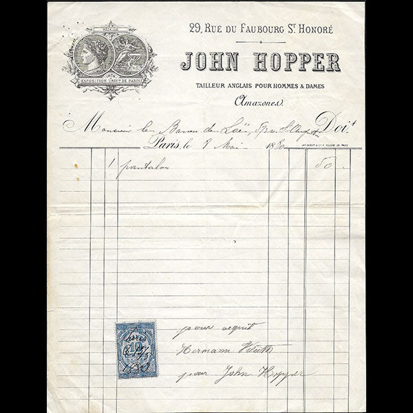 John Hopper - Facture du tailleur anglais, 29 rue du Faubourg Saint-Honoré à Paris (1880)