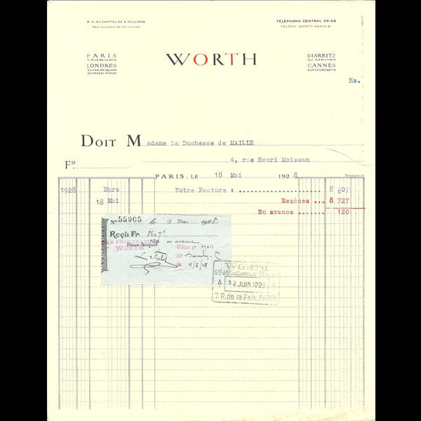 Facture de la maison Worth, 7 rue de la Paix, Paris (1928)