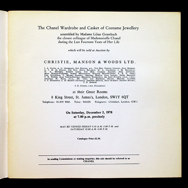 Chanel - Catalogue de la vente de la collection personnelle de Chanel par Christies - Sale of the personal collection of Chanel (1978)