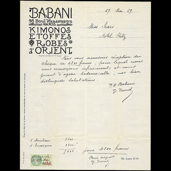 Babani - Facture de la maison Babani, 98 boulevard Haussmann à Paris (1927)