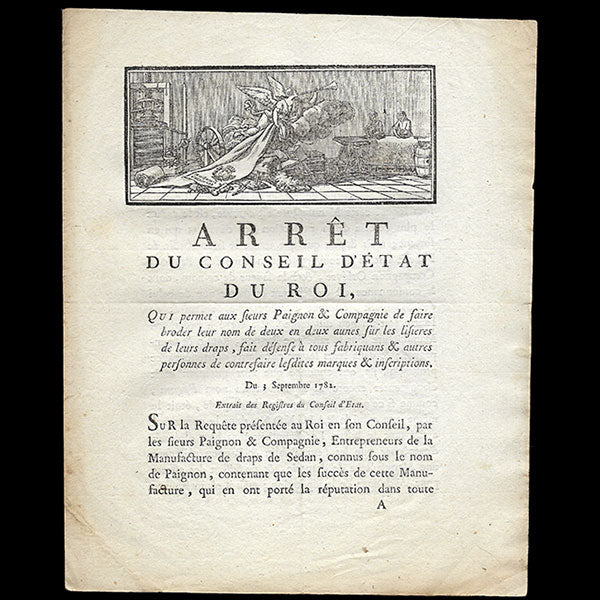 Arrêt du Conseil d'Etat sur la broderie du nom des fabricants d'étoffes Paignon & Compagnie sur leurs étoffes (1782)