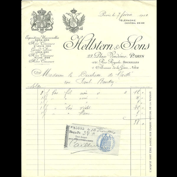 Facture de la maison Hellstern and sons, 23 place Vendôme à Paris (1914)