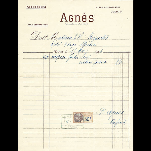 Agnès - Facture de la maison Agnès, 6 rue Saint-Florentin à Paris (1926)