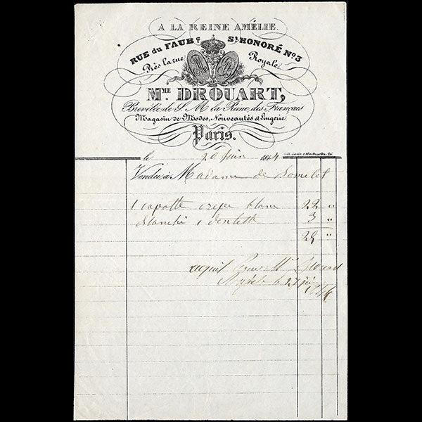 A la Reine Amélie, Facture de la maison de modes et nouveautés Drouart, 3 faubourg Saint-Honoré à Paris (1844)