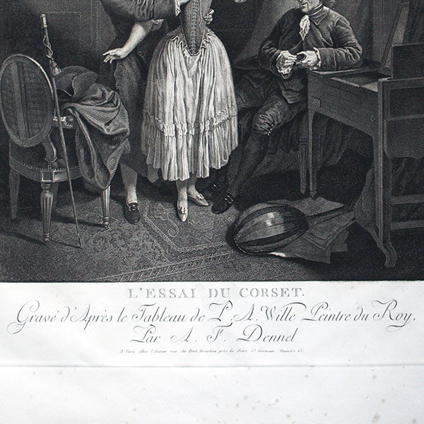 L'Essai du Corset gravé d'après le tableau de P. A. Wille par A. F. Dennel (1788), édition postérieure (XIXème siècle)