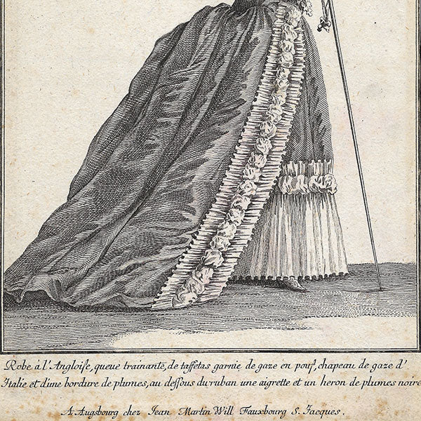 Gallerie des Modes et Costumes Français, 1778-1787, copie d'époque de la gravure n°135, Robe à l'Anglaise (1779)