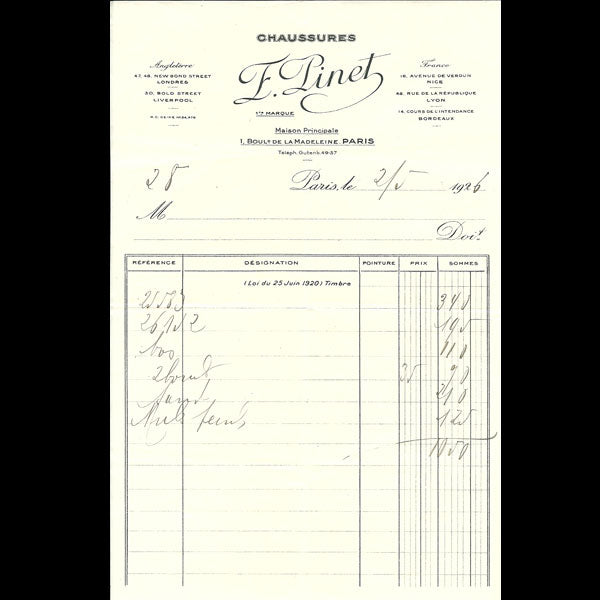 Facture de la maison de chaussures François Pinet, boulevard de la Madeleine à Paris (1926)