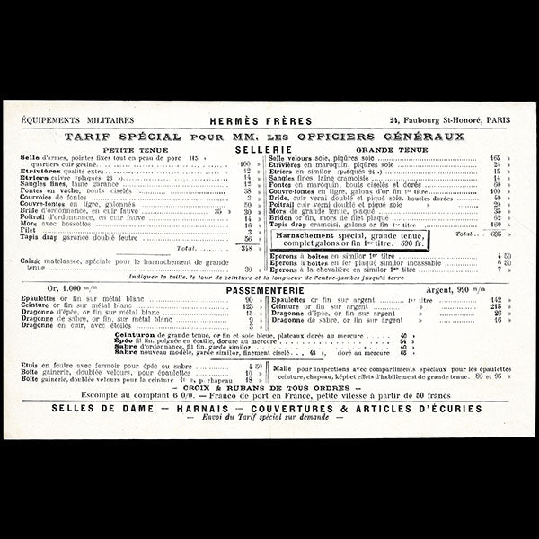 Hermès Frères - Document publicitaire sur la sellerie et la passementerie militaire (1910)