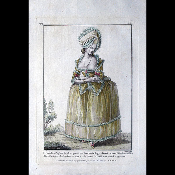 Gallerie des Modes et Costumes Français, gravure n° qq 234, Déshabillé à l'Anglaise de taffetas garni (1782)