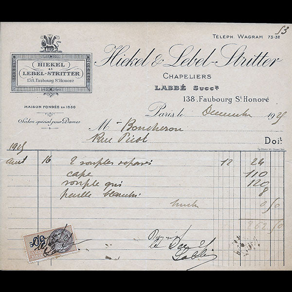 Hiekel & Lebel-Stritter - Facture du chapelier, 138 Faubourg Saint Honoré à Paris (1925)