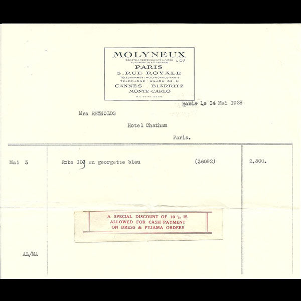 Facture de Molyneux (1928)