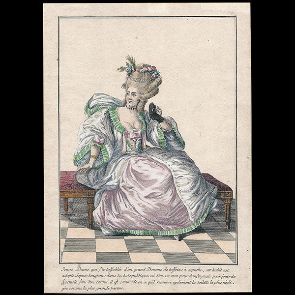 Gallerie des Modes et Costumes Français, 1778-1787, copie d'époque de la gravure n° X 128, Grand Domino de Taffetas à capuche (1779)