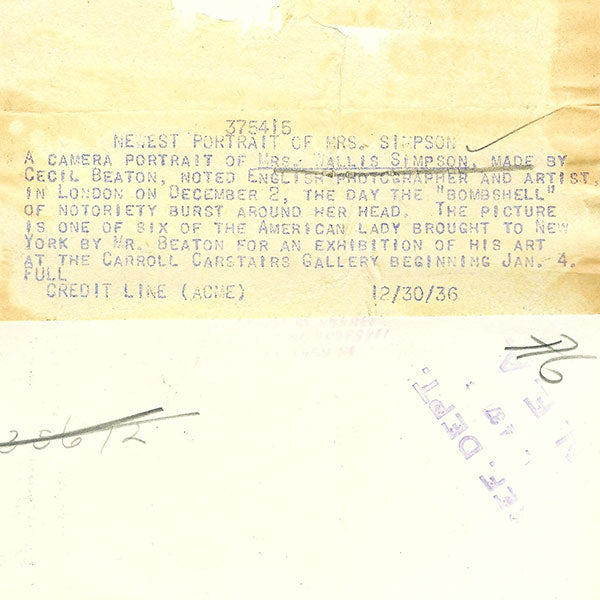 Cecil Beaton - Portrait de Wallis Simpson, future duchesse de Windsor photographie d'époque (1936)