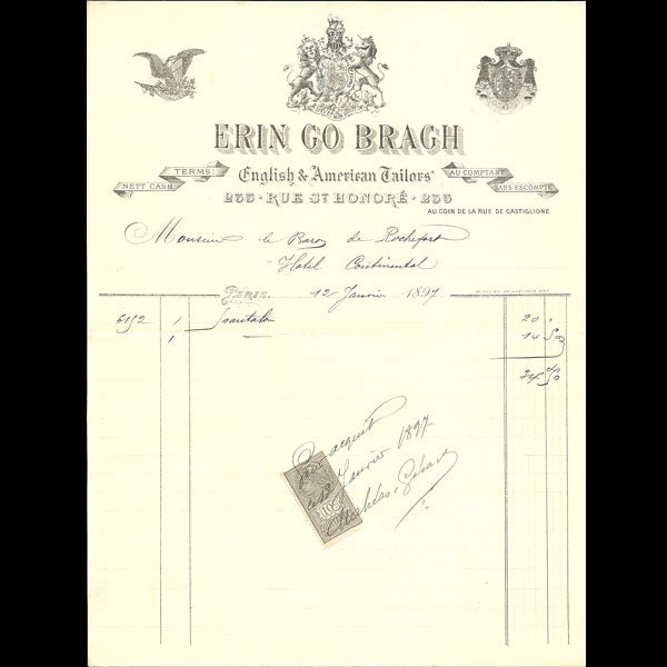 Facture de la maison Erin Go Bragh, 235 rue Saint Honore à Paris (1897)