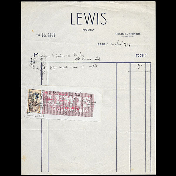 Lewis - Facture de la maison de chapeaux, 422 rue Saint-Honoré à Paris (1929)