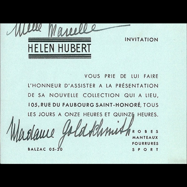 Carton d'invitation de la maison Helen Hubert, 105 faubourg Saint Honoré à Paris (circa 1935)