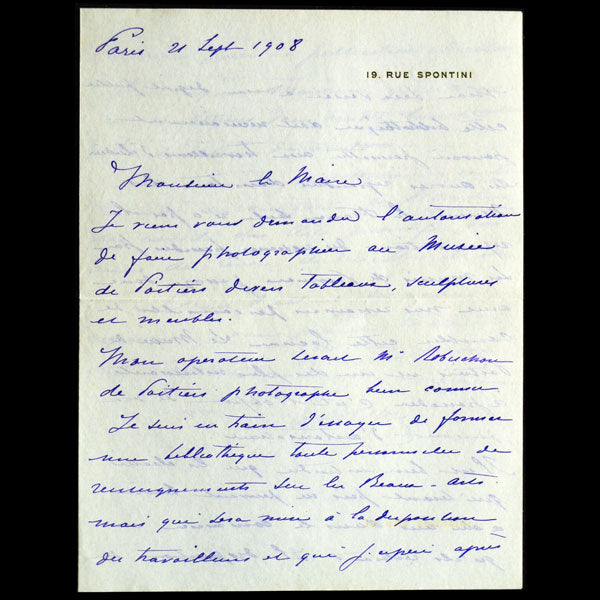 Doucet - Lettre autographe de Jacques Doucet, à l'en-tête du 19 rue Spontini à Paris (1908)