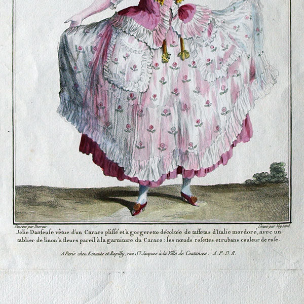 Gallerie des Modes et Costumes Français, 1778-1787, gravure n° R 100, Jolie Danseuse en caraco (1779)