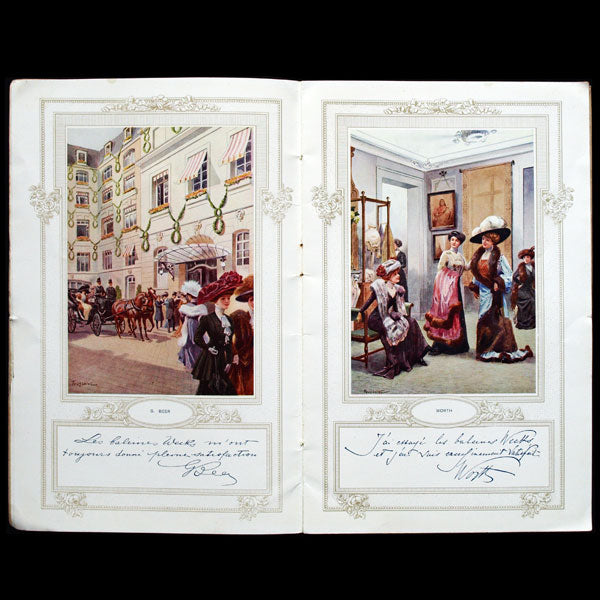 Les Maîtres de la Mode (Paquin, Beer, Worth, etc.), illustrations de Toussaint pour la baleine de plumes Weeks (1908)