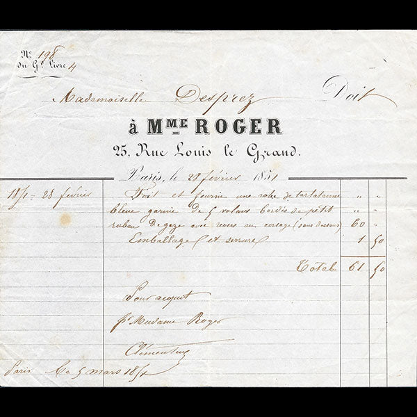 Mme Roger - Facture de la couturière, 25 rue Louis Le Grand à Paris (1851)