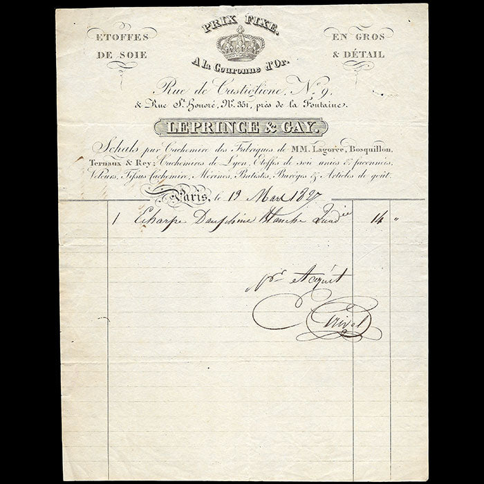 A la Couronne d'or, Le Prince & Gay - Facture du magasin d'étoffes, Rue de Castiglione à Paris (1827)