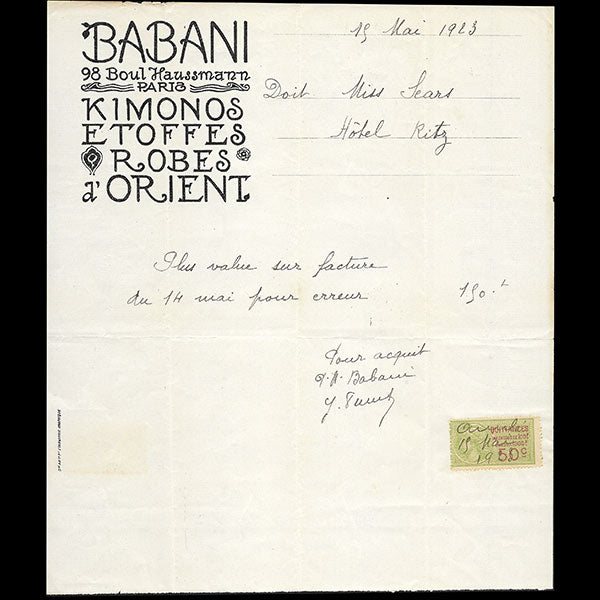 Babani - Facture de la maison Babani, 98 boulevard Haussmann à Paris (1923)