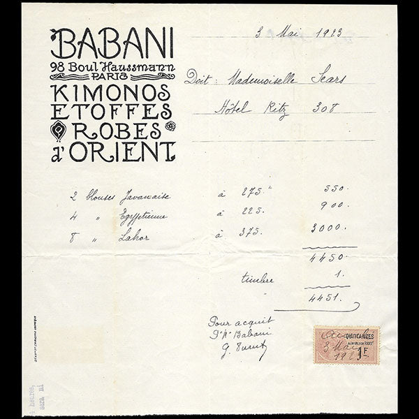 Babani - Facture de la maison Babani, 98 boulevard Haussmann à Paris (1923)